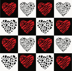 Vektor Schachbrettmuster Design mit Herzen schwarz rot und weiß