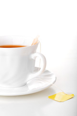 Tea bag in a white cup
