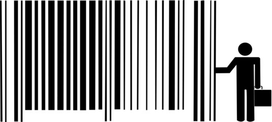 Obraz premium man with briefcase leaning up against barcode