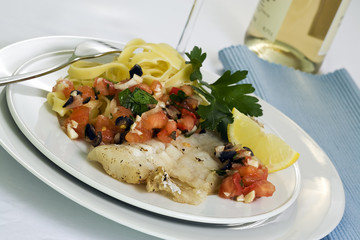 grilled pollock with tagliatelle and hot salsa