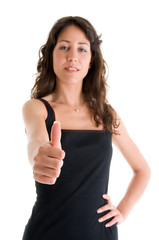 Successful young woman, focus on thumb