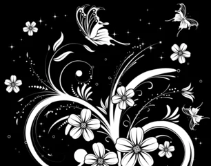 Papier Peint photo Fleurs noir et blanc Fond floral