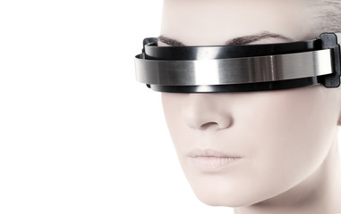 Beautiful cyber woman's face isolated on white background