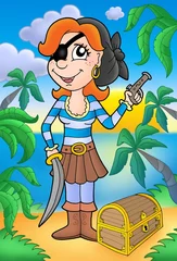 Tuinposter Piraten Piratenvrouw met pistool en schatkist