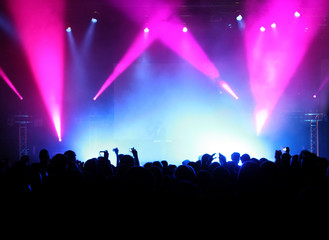 Fototapeta na wymiar Doping kibiców na koncert, muzycy na scenie