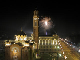 Church, town hall, main city street and fireworks in Banja Luka,