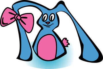 funny blue rabbit with a pink ribbon