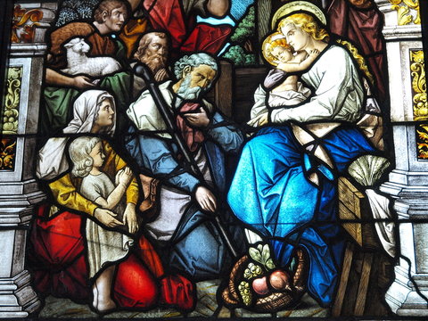 Buntglas mit Maria und Jesus
