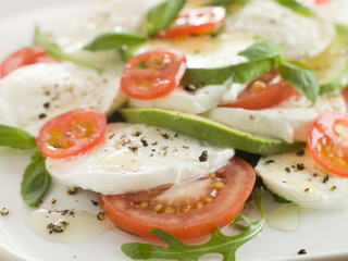Tomato Avocado and Mozzarella Salad with Olive Oil and Black Pep