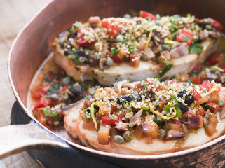 Baked Sicilian Swordfish in a Copper pan
