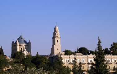 Fototapeta na wymiar View of Cathedral in Jerusalem against blue sky