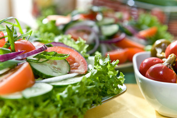 Fresh salad with onion, tomato and basil