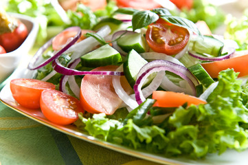 Fresh salad with onion, tomato and basil