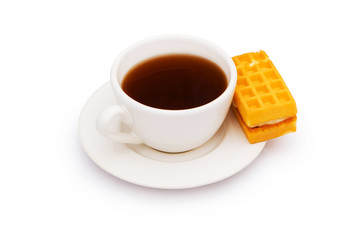 Tea and belgian waffles isolated on the white