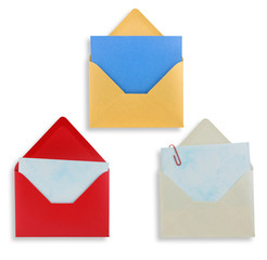Assorted open envelopes isolated, path provided.