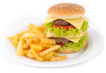Tasty hamburger with potatoes  isolated on white background