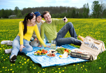 three friends taking a photo of themselves at picnic