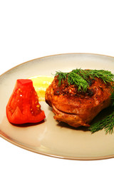 served roasted turkey leg cut and vegetables