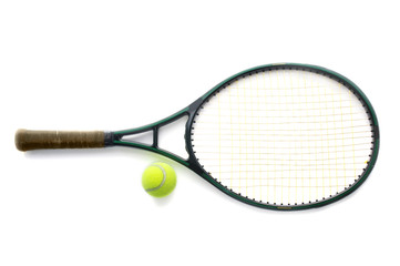 Tennis racket and ball, on white background