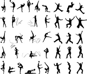 Many silhouettes of people in action