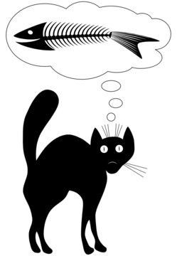 Cat dreams. Fun. Vector illustration. Black-and-white contour.