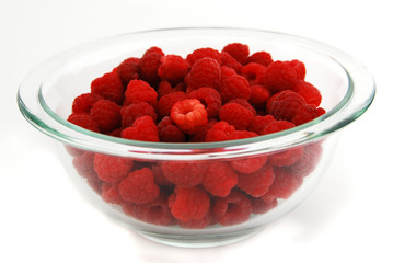 Raspberries in Bowl Isolated on White