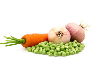 Green peas,onions and carrot isolated on a whiteground.