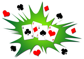 Playing cards splash. Four aces poker hand background.
