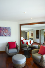 Panoramic view of nice light stylish  bedroom.