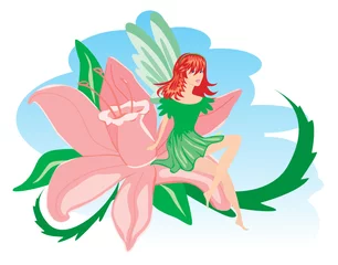 Photo sur Plexiglas Monde magique Elfe en vêtements verts avec fleur rose