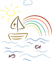 Obraz premium Christliche Symbolik: Fischerboot, Fische, Kreuz