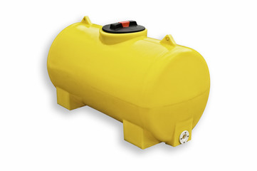 Yellow plastic tank isolated on white, clipping path.