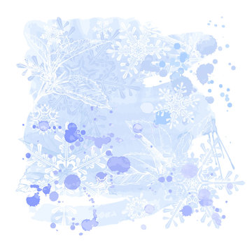 blue grunge watercolors background & snowflakes
