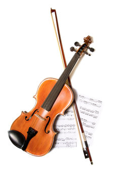 Violin, bow and music