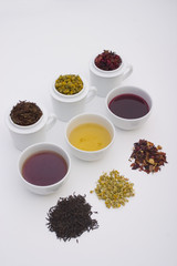 Three cups of tea in different colors with three different types
