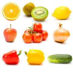 Set of different  fruits and vegetables isolated on white