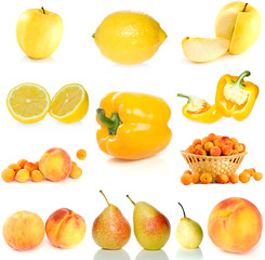 Set of yellow fruit, berries and  vegetables
