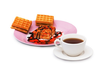 Tea and belgian waffles isolated on the white