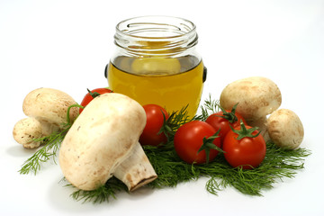 olive oil, cherry tomato, and mushrooms