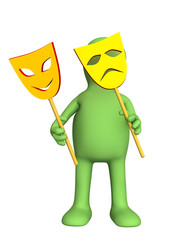 3d puppet with two yellow masks in hands