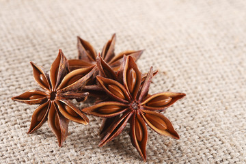anis star on burlap canvas background, close-up