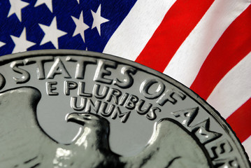 American Flag and Vintage 1967 United States Quarter