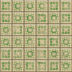 Scratched ceramic tiles with faded green pattern