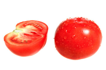 Fresh red tomato with water drops isolated on white