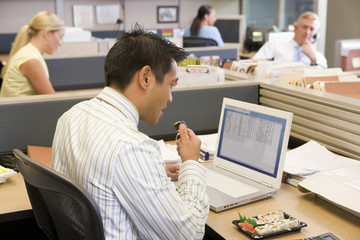 Fototapeta na wymiar Businessman in cubicle at laptop eating sushi
