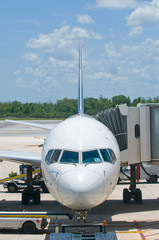 Airplane at airport gate, boarding and loading luggage