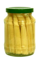 pickled baby corn cobs in glass bank