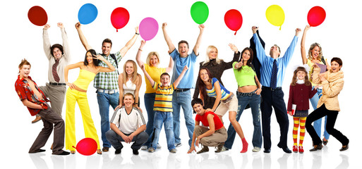 Happy funny people with balls. Isolated over white background.