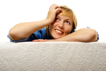 Middle-aged woman looks up with a smile