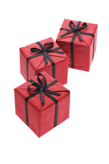 Red gift boxes with black bows and ribbons